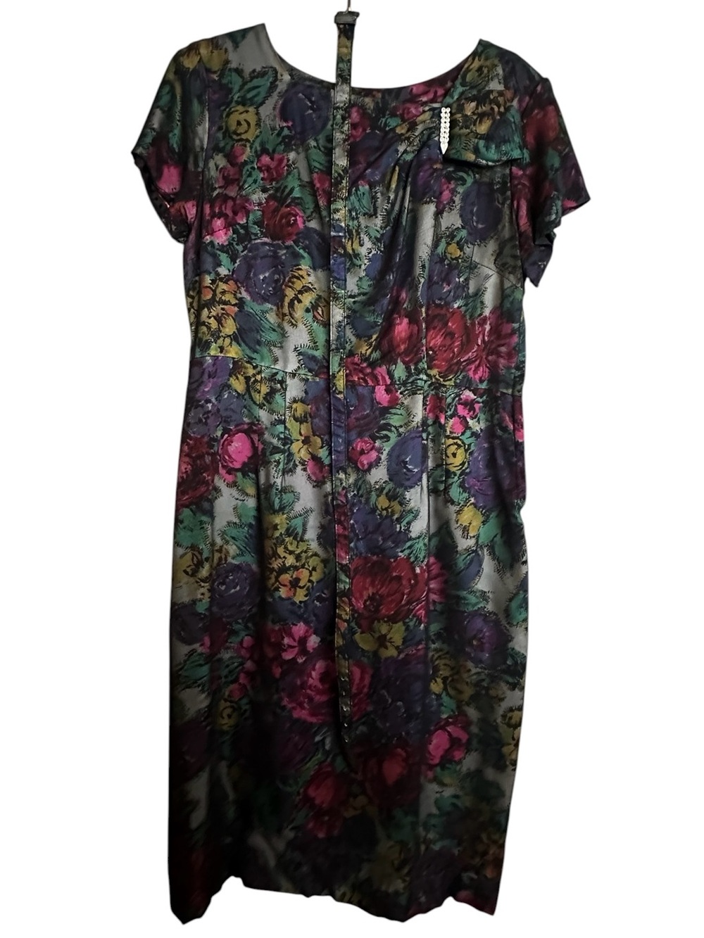 Vtg 1960s Party Wiggle Dress Dark Floral W/ Belt Lightweight Sheer Overlay Sz L